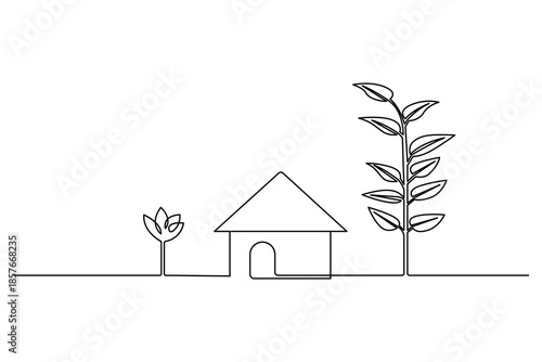 House continuous line drawing with trees and plants for eco friendly living and garden concept