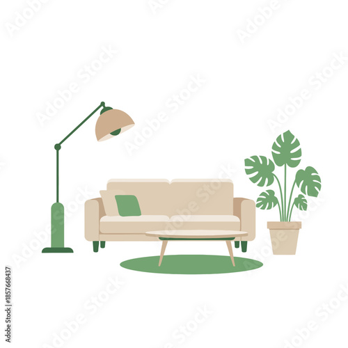 Cozy Living Room Scene With Sofa, Coffee Table, Floor Lamp, and Plant - Vector Illustration