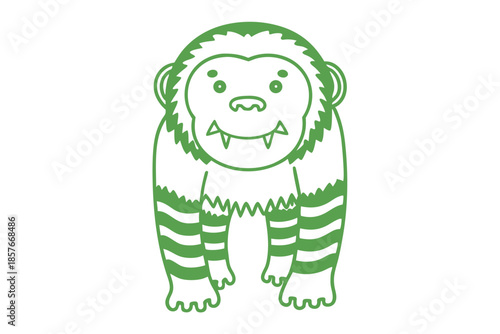 A green cartoon gorilla with striped limbs stands outlined against the white background