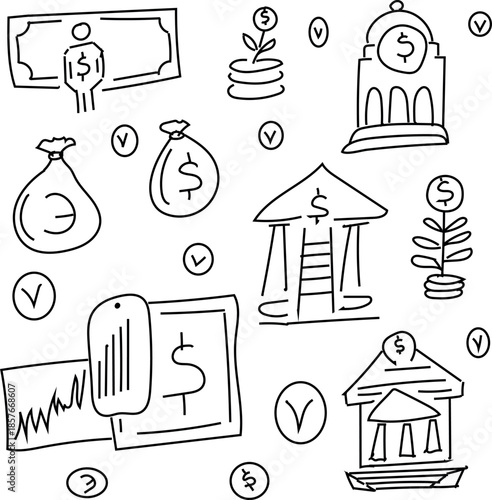 Editable outline icon set for financial services, hand drawn symbols of money and banking concepts in sketch style vector illustration..eps