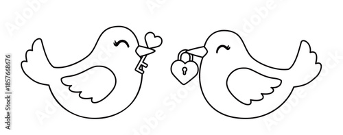 Valentine love birds coloring pages with template set.
Lovebirds biting the lock and key outline.
Perfect for Valentine’s Day coloring pages, kids’ activities, classroom worksheets, greeting cards, DI