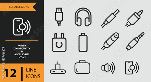 Power connectivity and accessories line icons set for modern digital devices