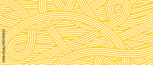 Abstract pattern of long white lines on yellow background. Geometric spaghetti or pasta texture. Asian food poster for restaurant. Banner for Asian cuisine.