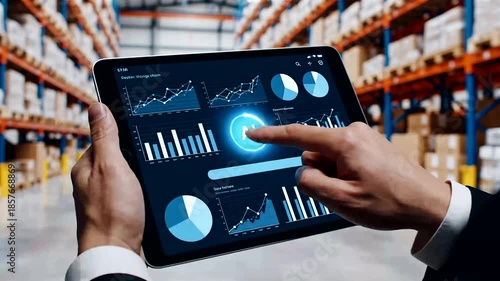 Businessman managing smart warehouse logistics with AI-powered data analytics system on tablet. Optimizing inventory, tracking supply chain performance, and improving operational efficiency with...