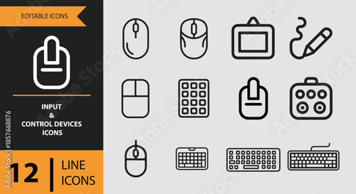 Input and control devices: a collection of 12 editable line icons for user interface