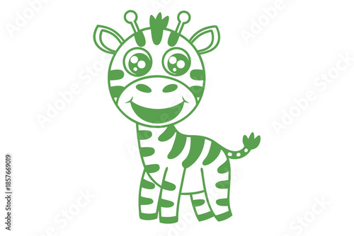 Cheerful green giraffe with large eyes smiles happily on a plain white backdrop
