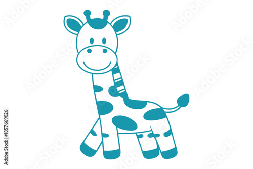 A cute blue giraffe with spots stands happily on a pure white backdrop here