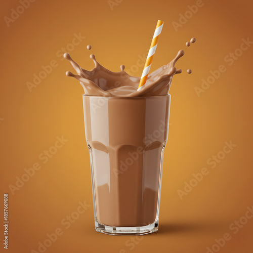 Chocolate cocoa glass splash straw orange background milk drink liquid movement refreshment sweet beverage cocoa morning breakfast creative dynamic advertising food generative AI