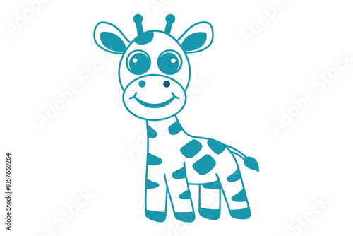 Cute turquoise giraffe with spots cheerfully stands on a white background, making a delightful scene