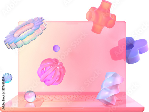 Fotografi Laptop with floating gradient objects in pastel dreamscape