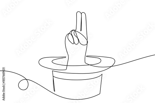 A single, continuous line of a hand with two fingers raised emerging from a magician's hat. Illustration of a magic concept. Single line art design Editable stroke.