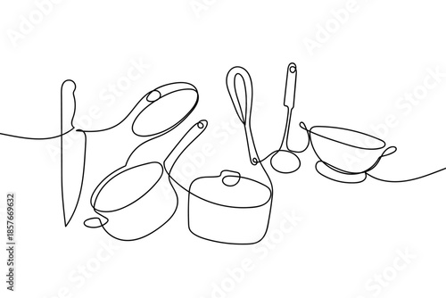 A single, continuous line of kitchen utensils: knives, pots, and ladles. Food concept illustration. Single line art design Editable stroke.