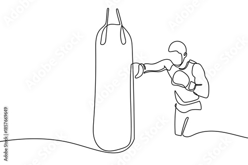 A single, continuous line depicts a boxer training by punching a sandbag. The image illustrates the sport of boxing, showing a man exercising through boxing. Single line art design Editable stroke.