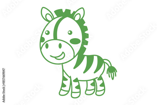 A cute green zebra stands smiling cheerfully with stripes on its body gracefully