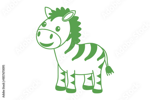 A cute green cartoon zebra smiles gently with its striped pattern showcased beautifully