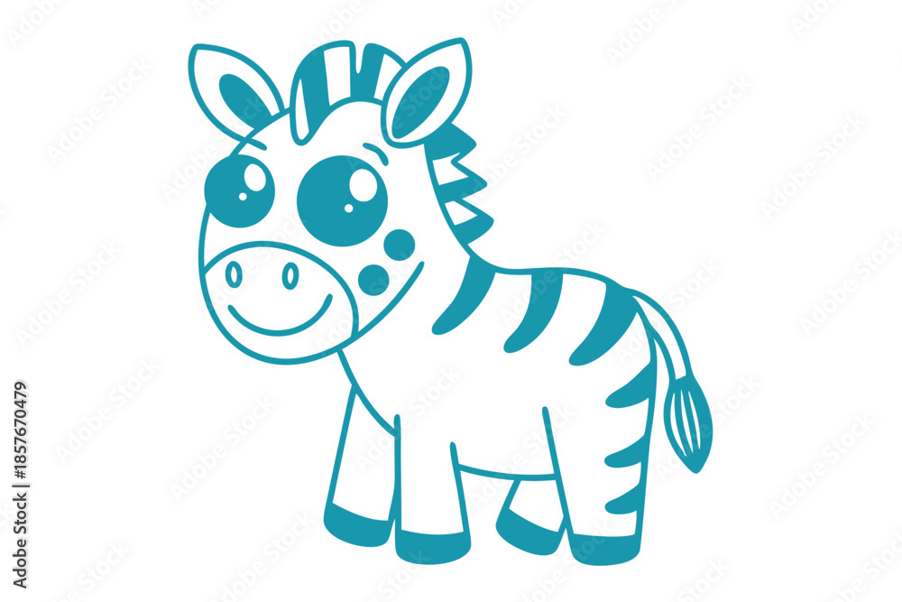 Fototapeta premium Adorable cartoon zebra with big eyes and blue outline stands smiling in a friendly manner