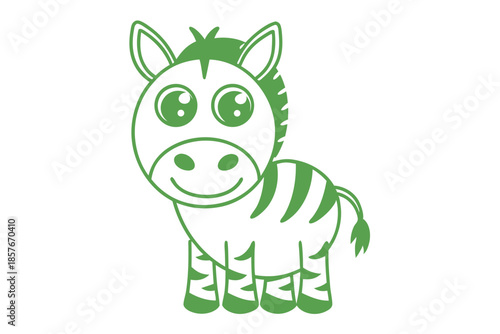 Cute green cartoon zebra with big eyes stands and smiles innocently against white backdrop