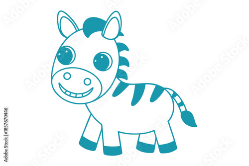 Cartoonish blue zebra with large round eyes smiles brightly against a plain white background