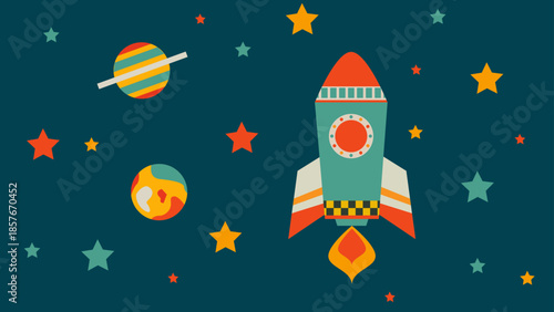 Space Rocket Launch Vector Illustration with Planets and Stars Background