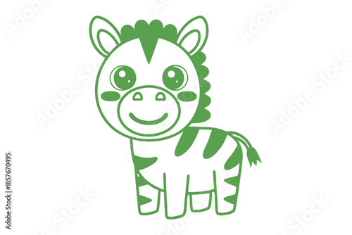Cartoon zebra smiling with big eyes and green stripes is standing calmly
