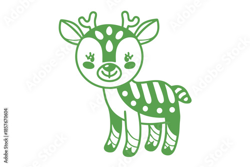Stylized green deer with floral eyelashes and spots stands calmly against white