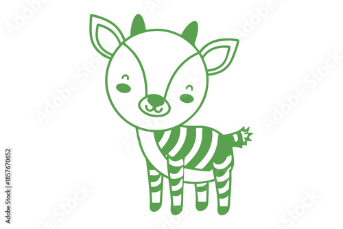 Playful cartoon gazelle with green stripes stands cheerfully, its cute outlined form is charming