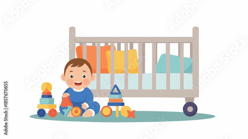 Baby playing with toys near a crib in a nursery.