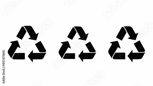 Three Black Recycling Symbols in a Row on White Background.