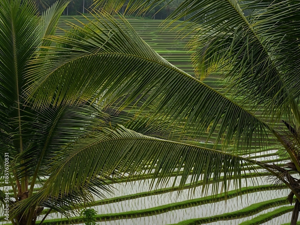 Fototapeta premium Lush Palm Fronds Frame Tropical Rice Terraces
