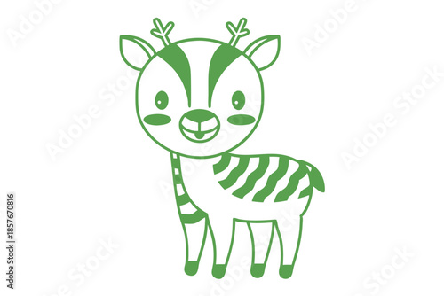 Cute green fawn with small antlers looks forward in a minimalistic style