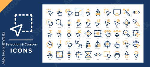 Selection and Cursors icons set collection. Containing cursors, clicks, selections editing tools andmore. Simple Dual Tone line vector.