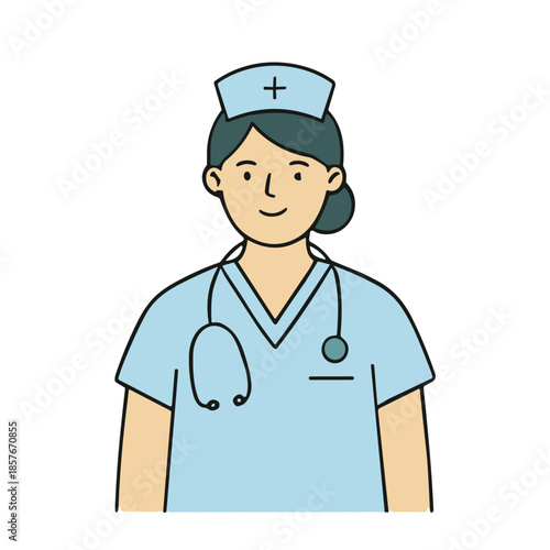 Professional Female Nurse with Stethoscope Avatar Flat Vector Illustration. Medical Doctor Character in Blue Uniform Portrait Isolated on White Background.