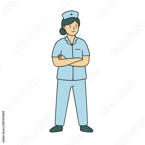 Professional Female Nurse Standing with Crossed Arms Flat Vector Illustration. Medical Healthcare Worker Character in Blue Uniform Isolated on White Background.