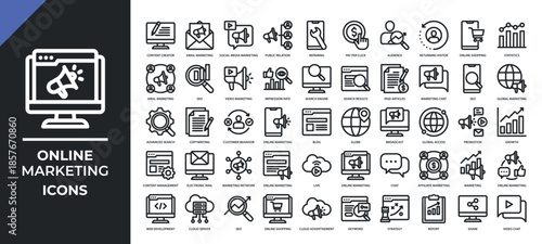 Online Marketing icons set collection. Containing SEO, social media, content, analytics, promotion tools and more. Simple line vector.