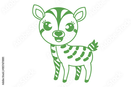 Green stylized baby deer with striped and spotted pattern stands smiling cutely
