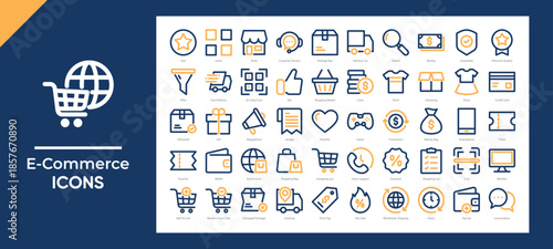 Ecommerce icons set collection.Featuring shopping, delivery, payment, discounts, support and more. Simple Dual Tone line vector.