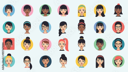 Collection of Diverse Female Avatars with Different Hairstyles and Features.