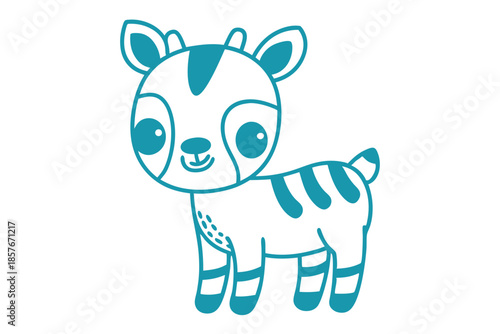 Teal cartoon fawn with stripes and big eyes stands innocently