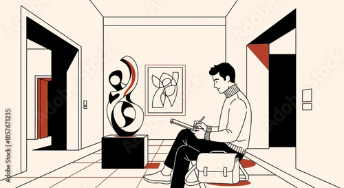 Artist sketching sculpture in modern art gallery, creative inspiration