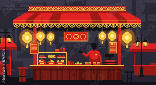 Asian Food Stall Vendor at Night Market with Lanterns and Goods