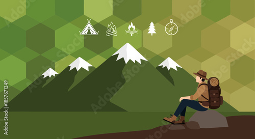 Adventurer Resting on Rock Overlooking Mountains and Camping Icons