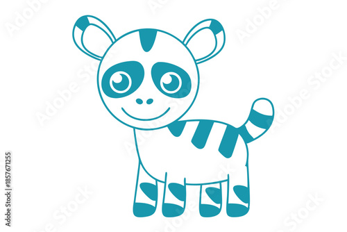 Cartoon striped lemur smiles with its big eyes outlined in turquoise color on white