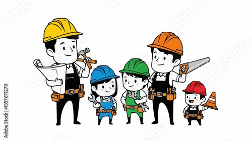 Diverse group of cartoon construction workers with tools and blueprints.