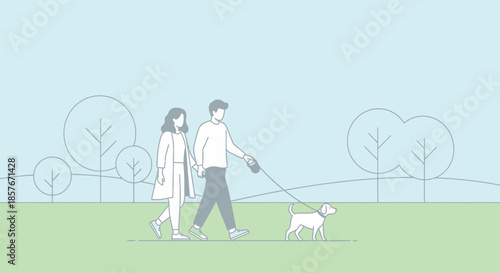 Couple walking dog in park, minimalist line art, outdoors, nature, lifestyle