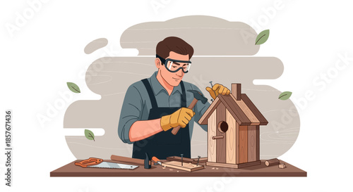 Craftsman building birdhouse with hammer and nails, woodworking, DIY hobby