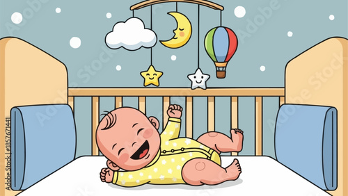 Happy Baby in Crib with Mobile Toy Above.