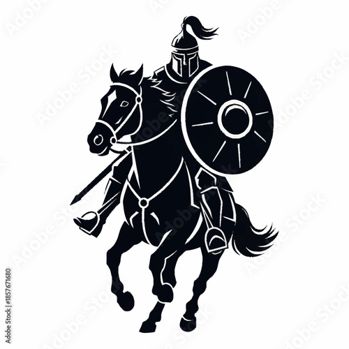 Black Silhouette of a Knight on Horseback with Shield and Sword.