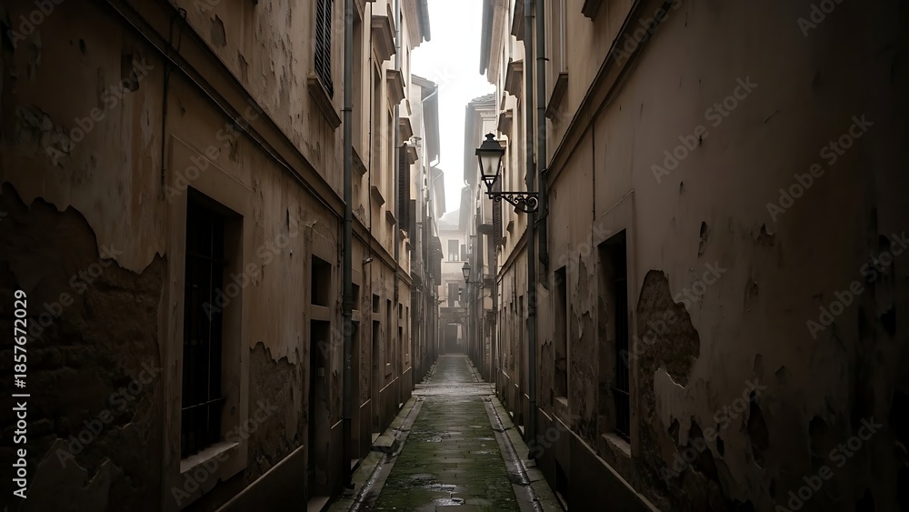 Fototapeta premium Narrow alleyway with old buildings and street lamps on a gloomy day