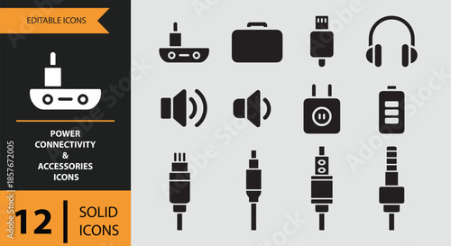 Modern solid icons for power, audio, and data connectivity in electronic accessories