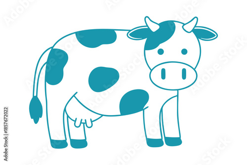Blue outlined cartoon cow with spots stands isolated on a solid white backdrop
